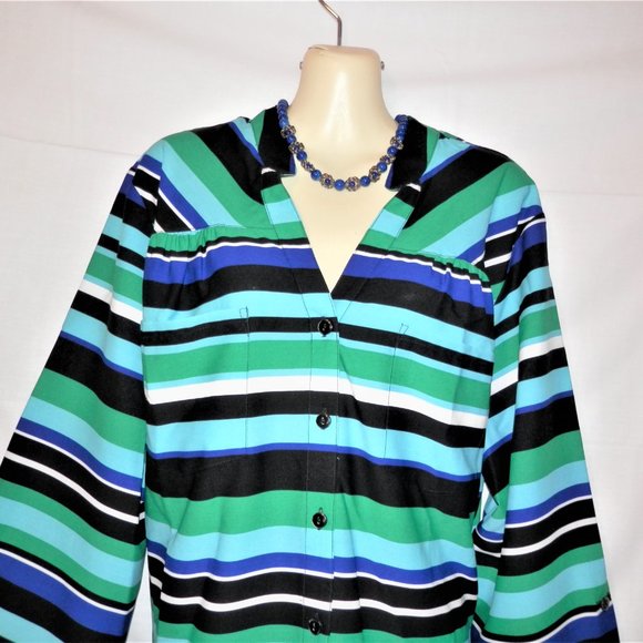 Notations 2X Turquoise Stripe Button Top H580 - Picture 2 of 6